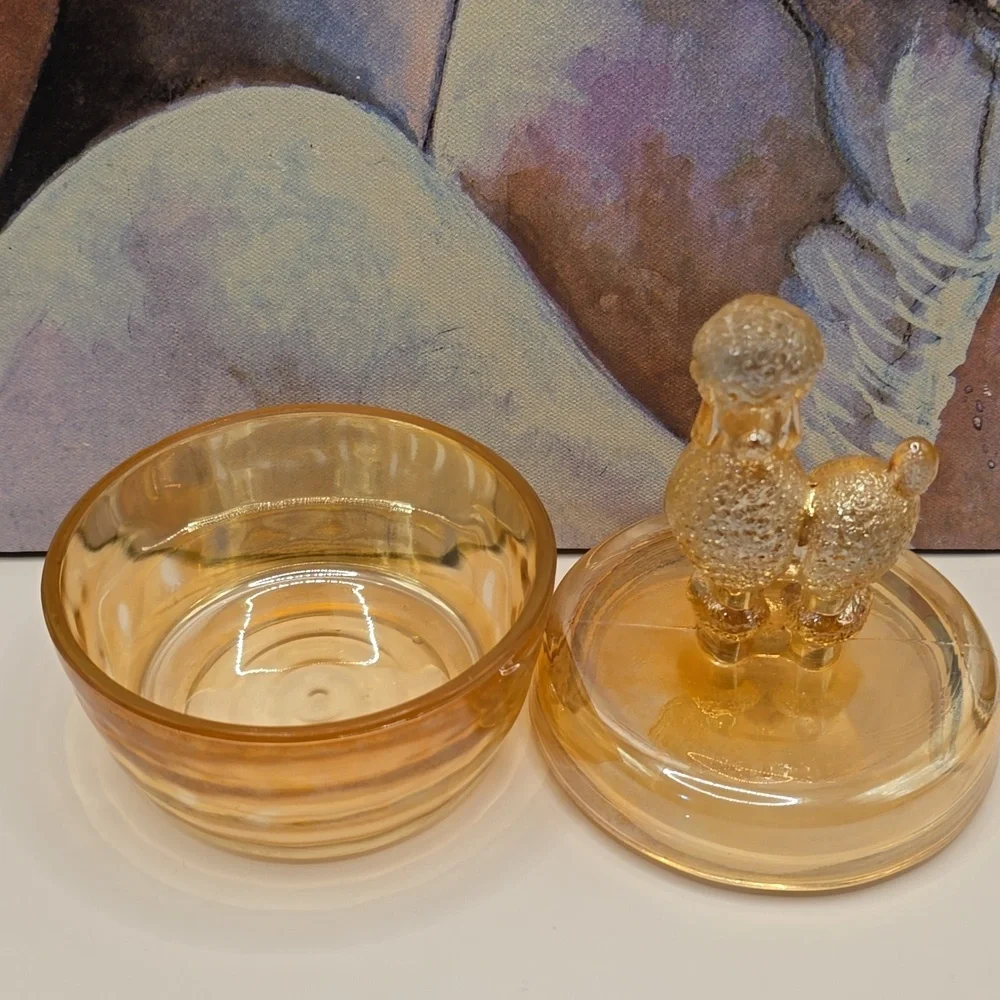 Vintage Lustre Marigold Carnival Glass Jeannette French Poodle Trinket Box Dish
